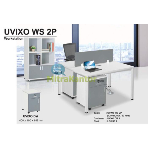 Workstation 2 orang Donati Uvixo WS 2P dengan divider kaca dan soket flip top