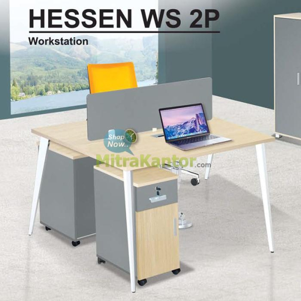Meja Kantor Donati Hessen WS 2P workstation dua orang dengan divider kaca dan socket