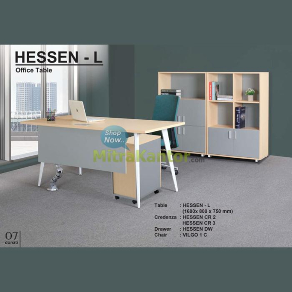 Meja Kantor Donati Hessen L dengan Flip Top dan Soket Listrik