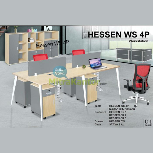 Meja Kantor Donati Hessen WS 4P workstation 4 orang dengan divider kaca dan socket