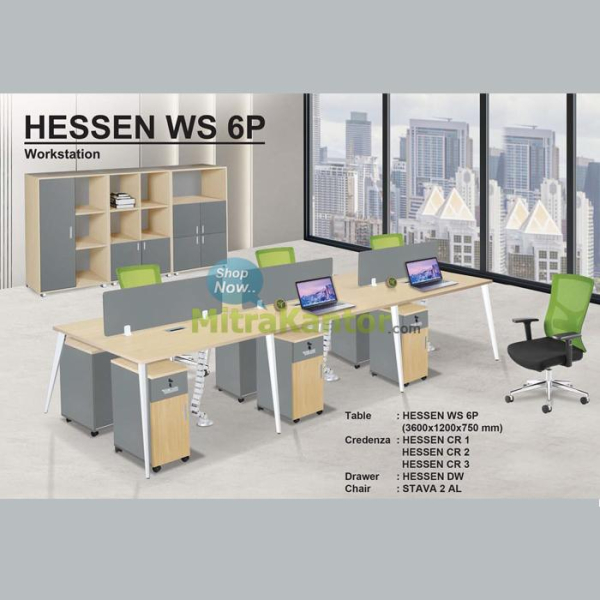 Meja Kantor Donati Hessen WS 6P workstation 6 orang dengan divider kaca dan flip socket