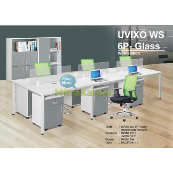 Meja kantor staff Donati UVIXO WS 6P Glass untuk 6 orang dengan partisi kaca dan drawer laci