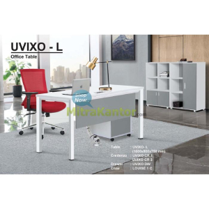 Meja kantor minimalis Donati UVIXO - L dengan drawer dan kursi kerja merah