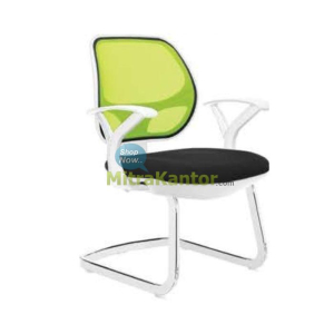 kursi kantor hadap Donati Scelo V1-C W dengan sandaran jaring hijau, dudukan hitam, dan kaki statis putih elegan