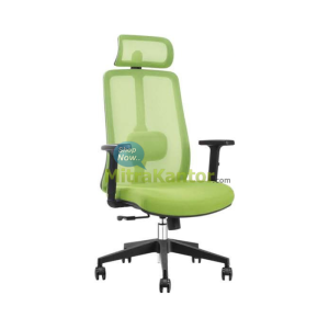 kursi kantor manager Donati Monia 1 dengan sandaran jaring hijau, headrest, dan kaki beroda ergonomis
