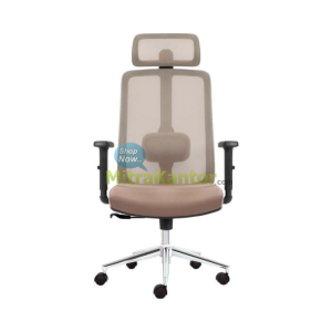 kursi kantor manager Donati Monia 1 C warna coklat dengan sandaran mesh, headrest adjustable, dan base chrome ergonomis