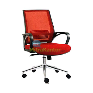 Kursi kantor staff Ichiko Marlo I CR warna merah ergonomis dengan sandaran jaring dan kaki chrome