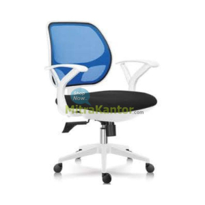 Kursi kantor staff Donati Scelo 1 LW-W dengan sandaran biru mesh, dudukan hitam, rangka putih dan armrest menyatu
