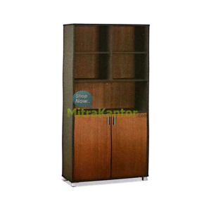 lemari arsip kantor tinggi Ichiko Onyx BC-B warna coklat dengan rak terbuka dan pintu swing